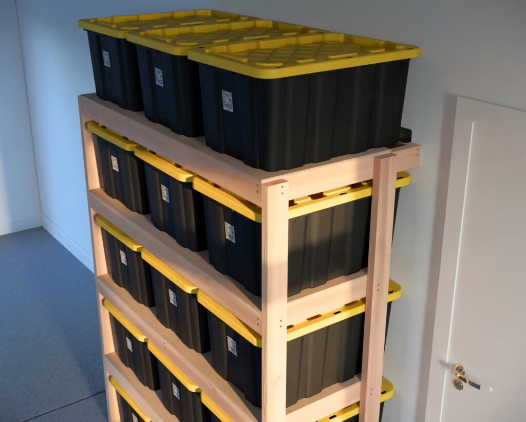 DIY garage shelving unit built with 2x4 lumber and plywood, designed to hold 27-gallon storage totes efficiently. The shelving features customizable configurations, making it a beginner-friendly and cost-effective storage solution for garages.