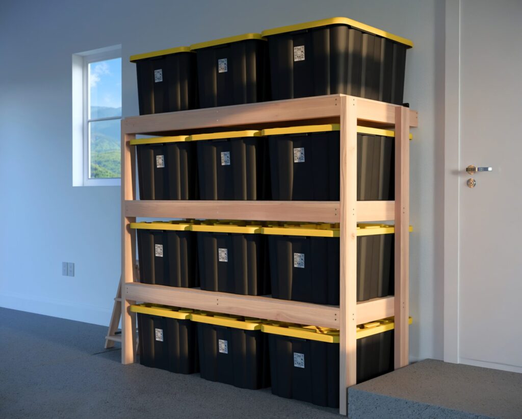 DIY garage shelving unit built with 2x4 lumber and plywood, designed to hold 27-gallon storage totes efficiently. The shelving features customizable configurations, making it a beginner-friendly and cost-effective storage solution for garages.