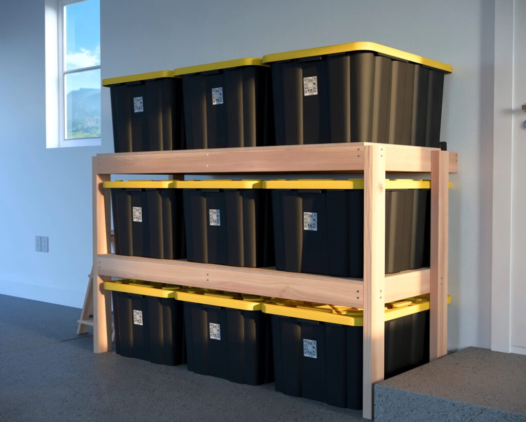 DIY garage shelving unit built with 2x4 lumber and plywood, designed to hold 27-gallon storage totes efficiently. The shelving features customizable configurations, making it a beginner-friendly and cost-effective storage solution for garages.