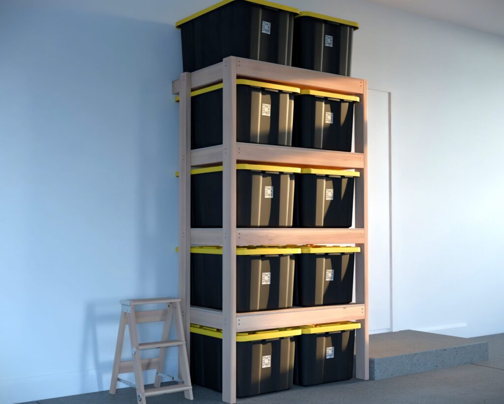 DIY garage shelving unit built with 2x4 lumber and plywood, designed to hold 27-gallon storage totes efficiently. The shelving features customizable configurations, making it a beginner-friendly and cost-effective storage solution for garages.