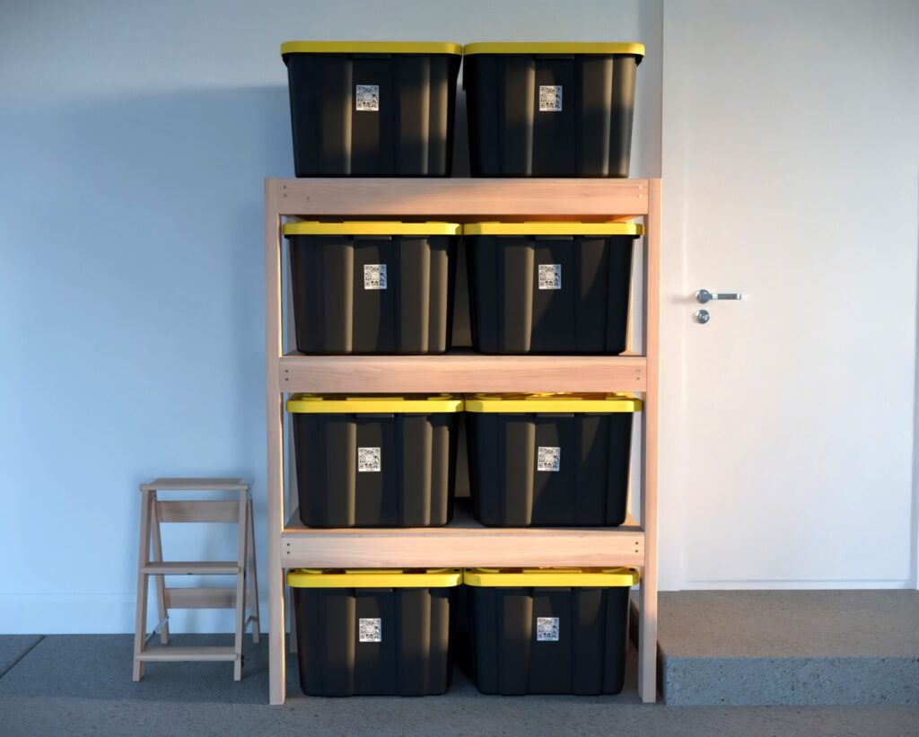 DIY garage shelving unit built with 2x4 lumber and plywood, designed to hold 27-gallon storage totes efficiently. The shelving features customizable configurations, making it a beginner-friendly and cost-effective storage solution for garages.