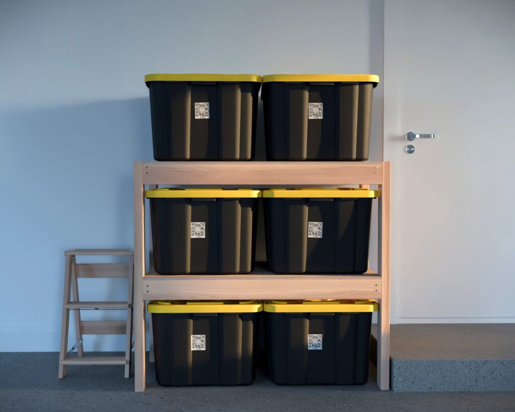 DIY garage shelving unit built with 2x4 lumber and plywood, designed to hold 27-gallon storage totes efficiently. The shelving features customizable configurations, making it a beginner-friendly and cost-effective storage solution for garages.