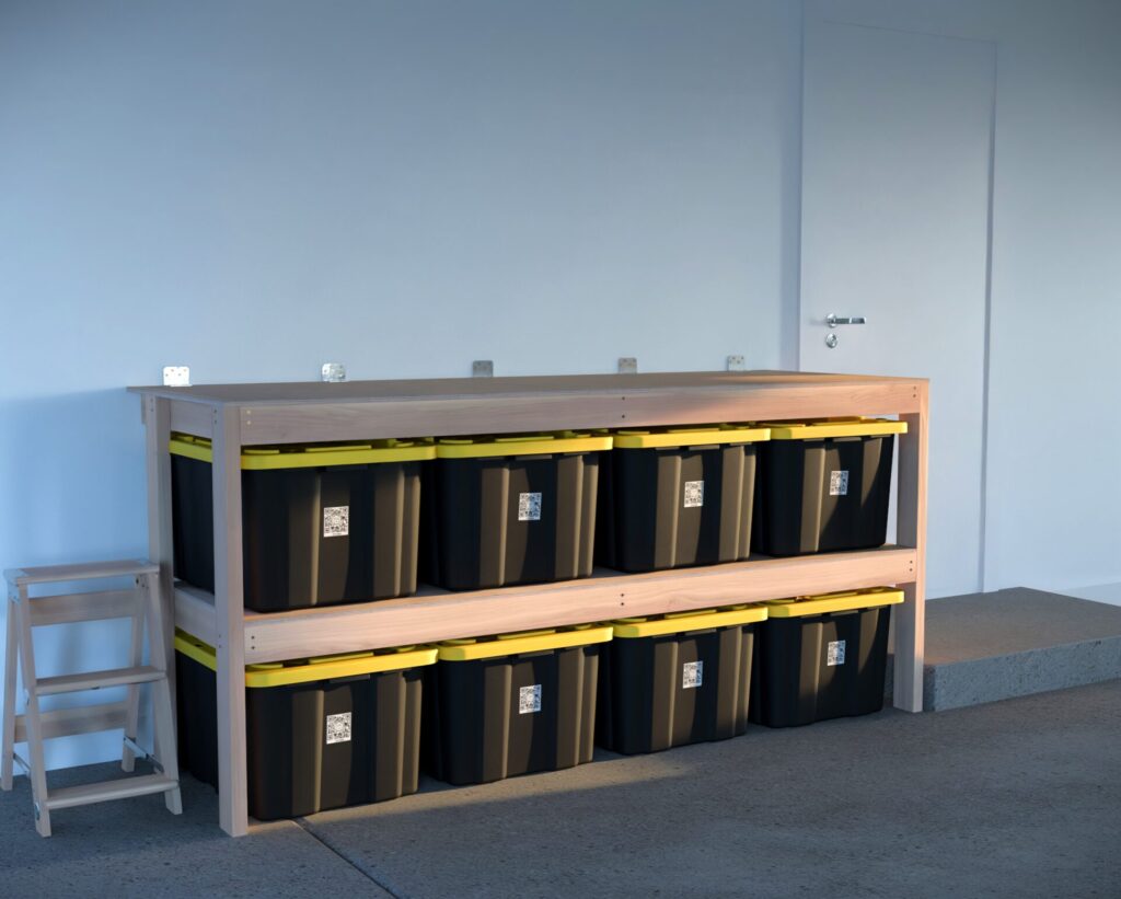 DIY garage shelving unit built with 2x4 lumber and plywood, designed to hold 27-gallon storage totes efficiently. The shelving features customizable configurations, making it a beginner-friendly and cost-effective storage solution for garages.