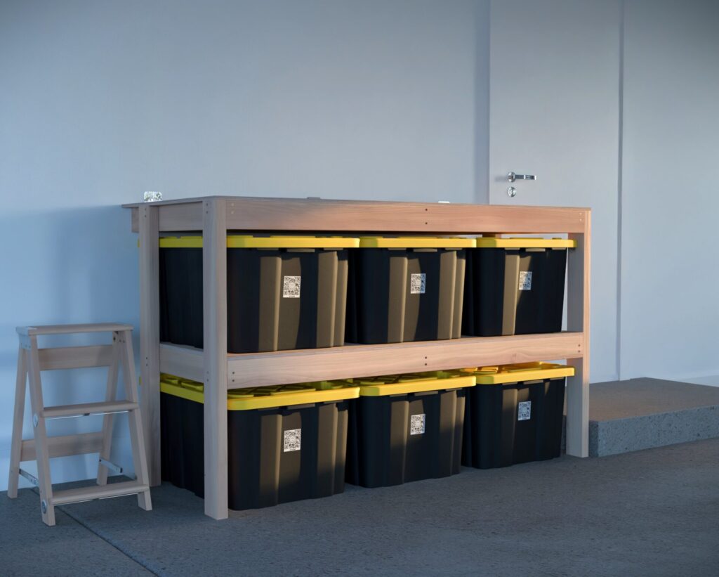 DIY garage shelving unit built with 2x4 lumber and plywood, designed to hold 27-gallon storage totes efficiently. The shelving features customizable configurations, making it a beginner-friendly and cost-effective storage solution for garages.