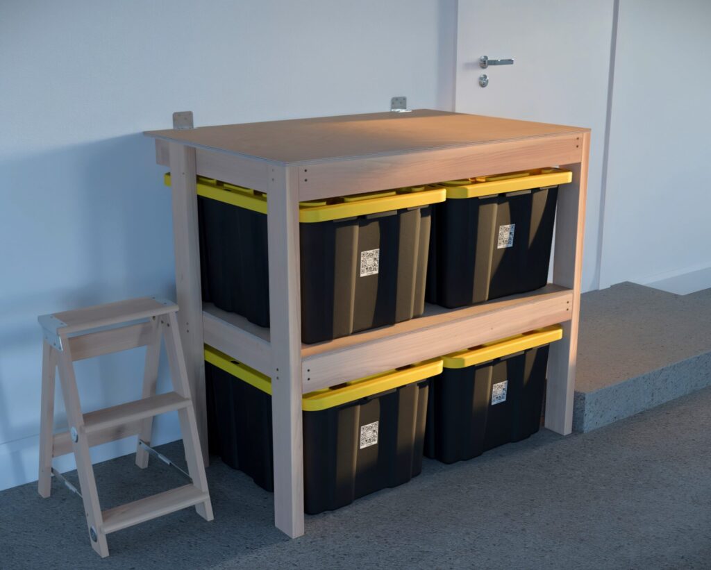 DIY garage shelving unit built with 2x4 lumber and plywood, designed to hold 27-gallon storage totes efficiently. The shelving features customizable configurations, making it a beginner-friendly and cost-effective storage solution for garages.