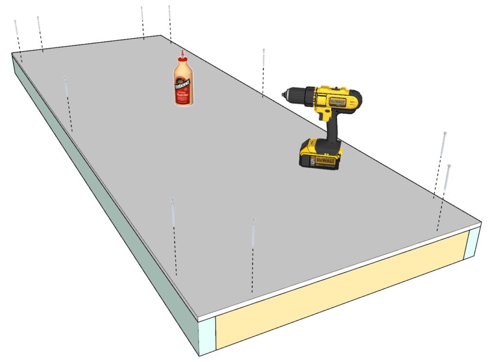 securing the garage shelf frame with screws and wood glue