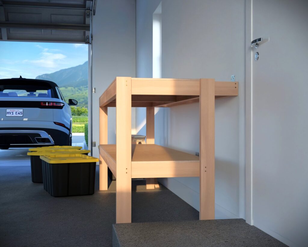 DIY garage shelving unit built with 2x4 lumber and plywood, designed to hold 27-gallon storage totes efficiently. The shelving features customizable configurations, making it a beginner-friendly and cost-effective storage solution for garages.