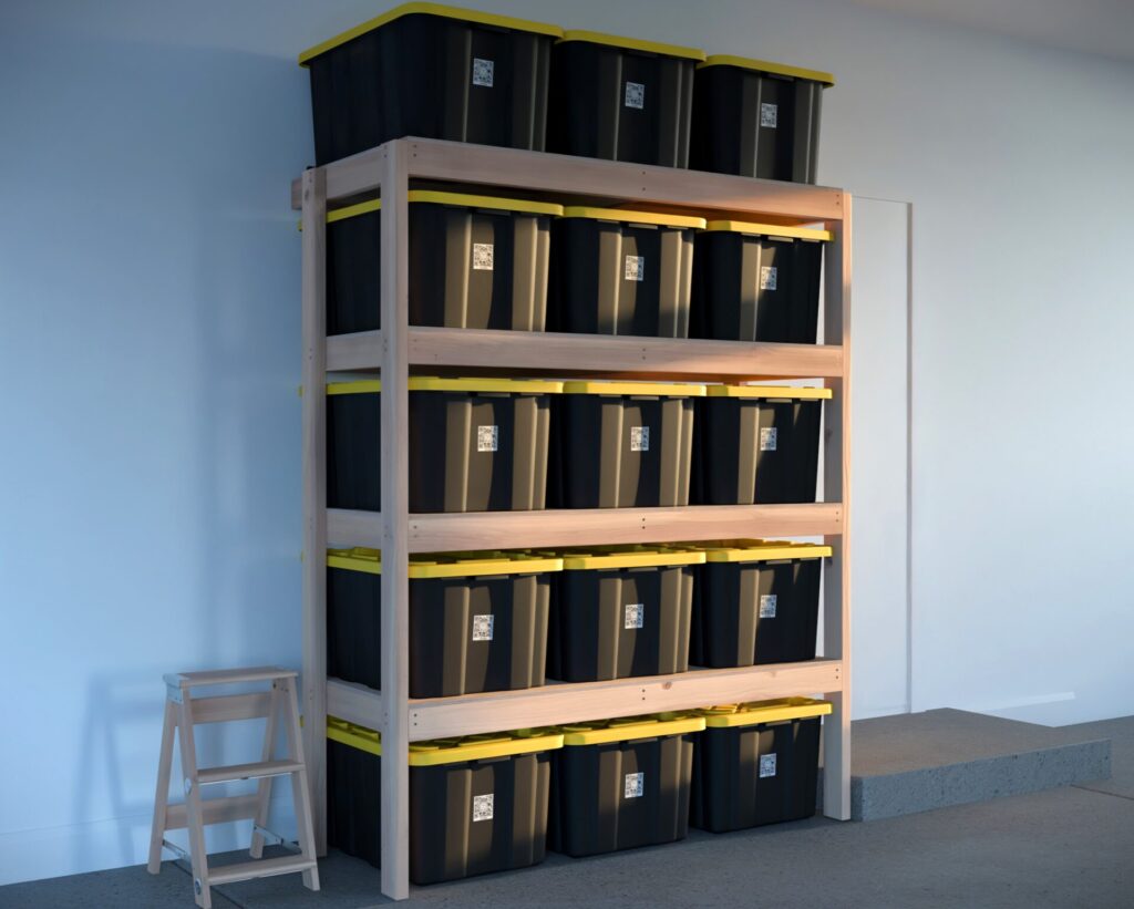 DIY garage shelving unit built with 2x4 lumber and plywood, designed to hold 27-gallon storage totes efficiently. The shelving features customizable configurations, making it a beginner-friendly and cost-effective storage solution for garages.