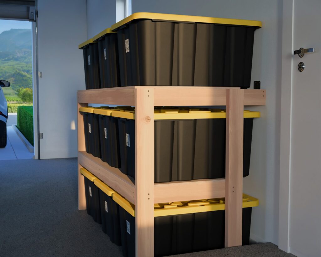 DIY garage shelving unit built with 2x4 lumber and plywood, designed to hold 27-gallon storage totes efficiently. The shelving features customizable configurations, making it a beginner-friendly and cost-effective storage solution for garages.