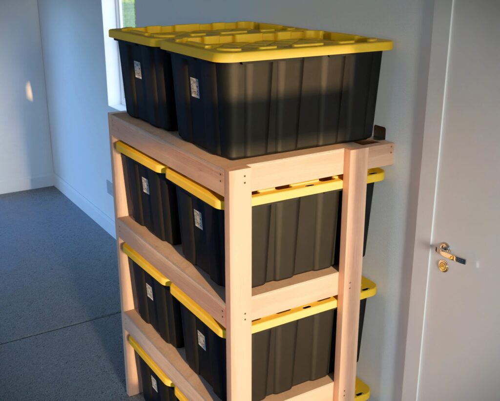 DIY garage shelving unit built with 2x4 lumber and plywood, designed to hold 27-gallon storage totes efficiently. The shelving features customizable configurations, making it a beginner-friendly and cost-effective storage solution for garages.