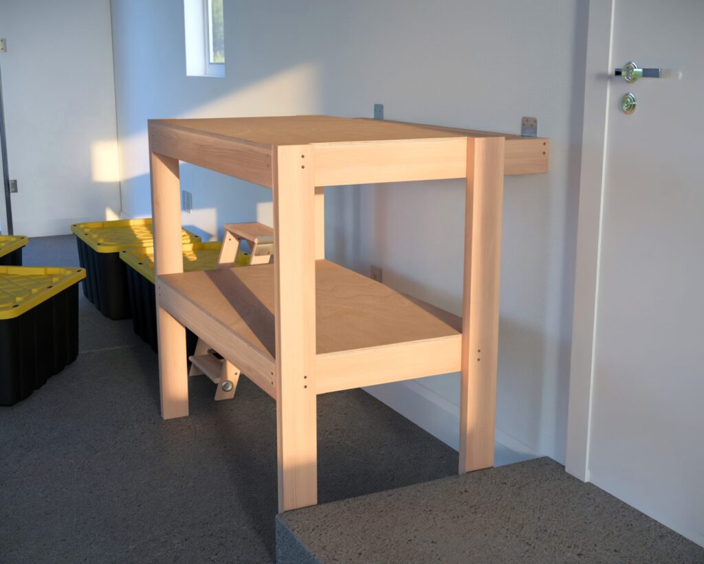 DIY garage shelving unit built with 2x4 lumber and plywood, designed to hold 27-gallon storage totes efficiently. The shelving features customizable configurations, making it a beginner-friendly and cost-effective storage solution for garages.