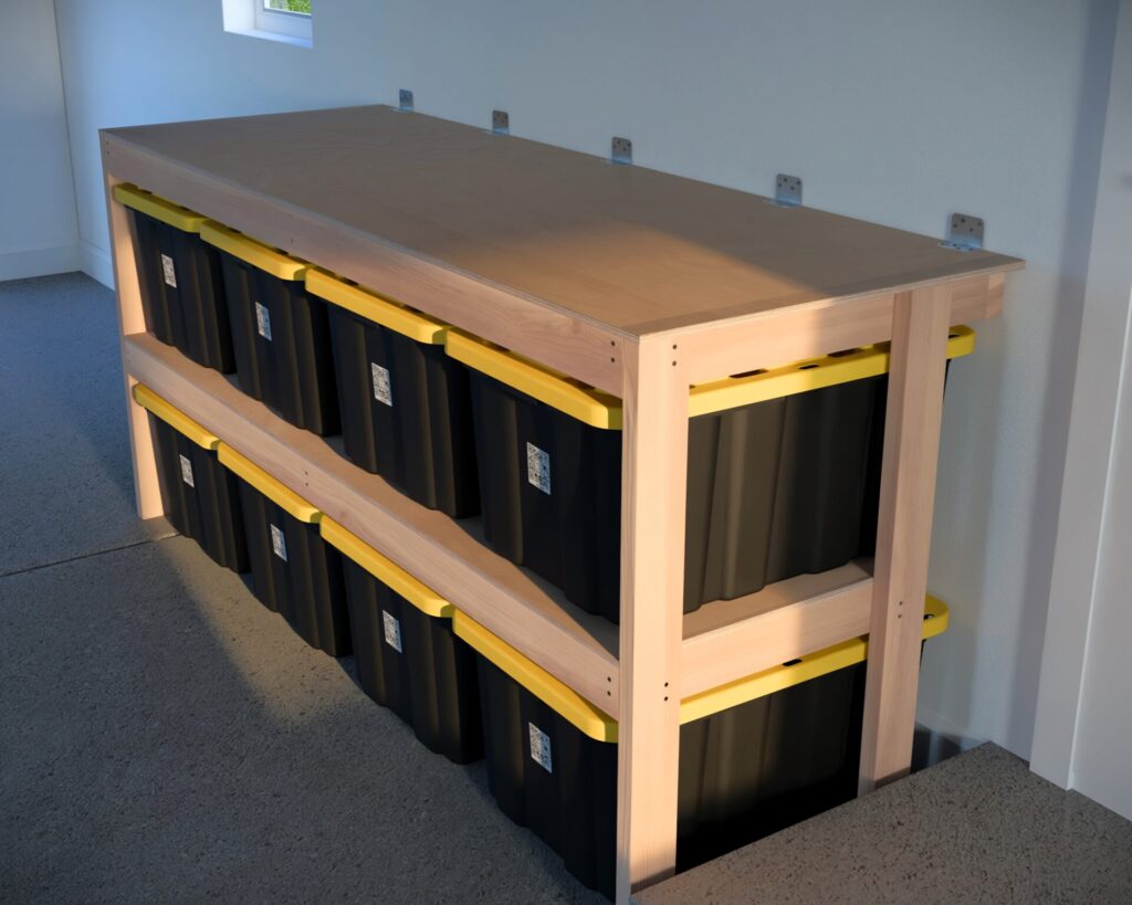 DIY garage shelving unit built with 2x4 lumber and plywood, designed to hold 27-gallon storage totes efficiently. The shelving features customizable configurations, making it a beginner-friendly and cost-effective storage solution for garages.