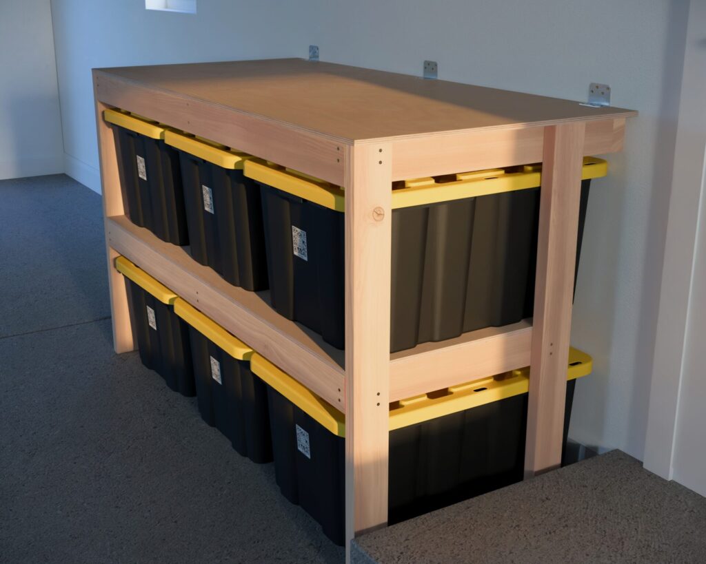 DIY garage shelving unit built with 2x4 lumber and plywood, designed to hold 27-gallon storage totes efficiently. The shelving features customizable configurations, making it a beginner-friendly and cost-effective storage solution for garages.