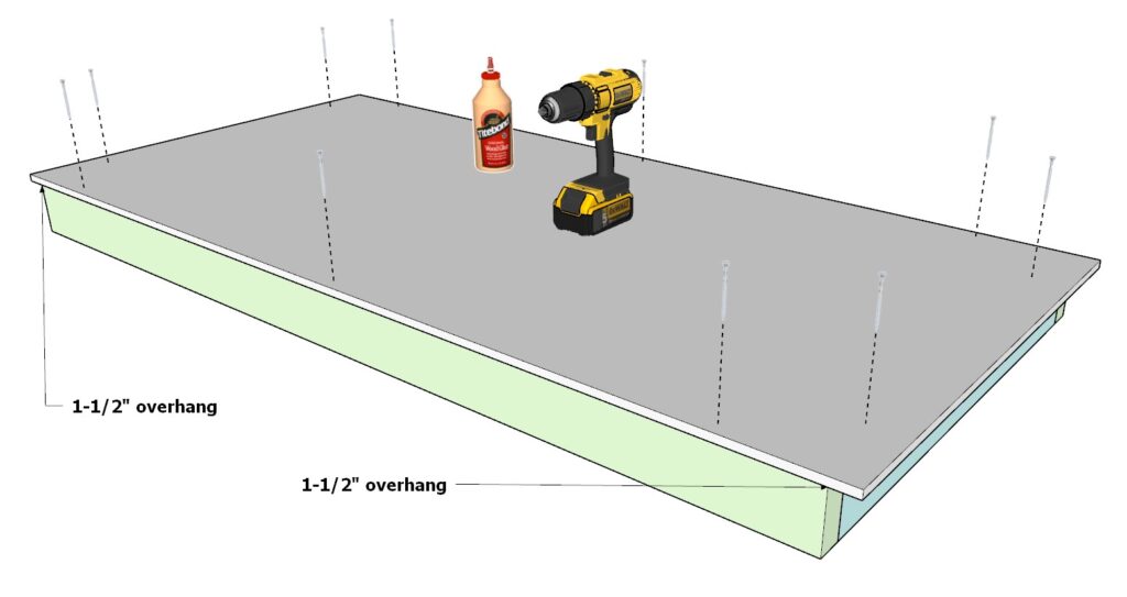 Securing the garage shelf plywood with glue and wood screws