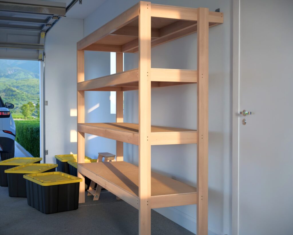 DIY garage shelving unit built with 2x4 lumber and plywood, designed to hold 27-gallon storage totes efficiently. The shelving features customizable configurations, making it a beginner-friendly and cost-effective storage solution for garages.