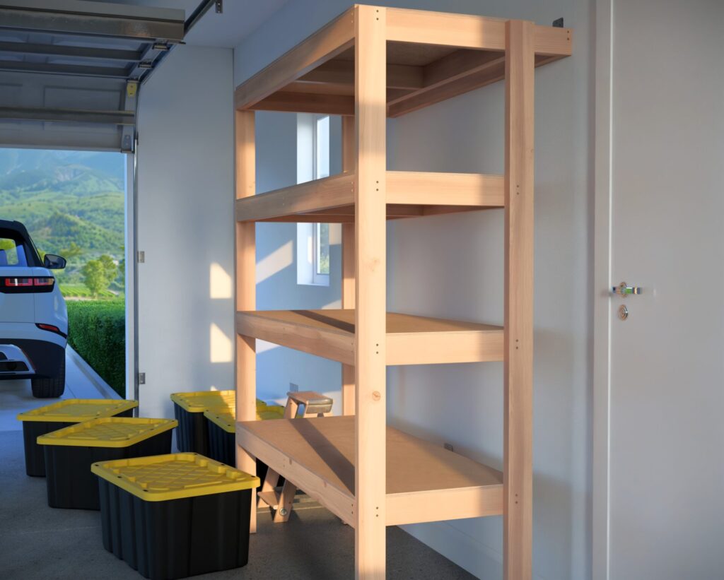 DIY garage shelving unit built with 2x4 lumber and plywood, designed to hold 27-gallon storage totes efficiently. The shelving features customizable configurations, making it a beginner-friendly and cost-effective storage solution for garages.