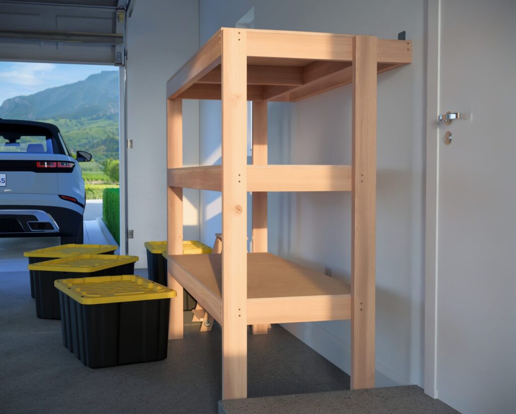 DIY garage shelving unit built with 2x4 lumber and plywood, designed to hold 27-gallon storage totes efficiently. The shelving features customizable configurations, making it a beginner-friendly and cost-effective storage solution for garages.