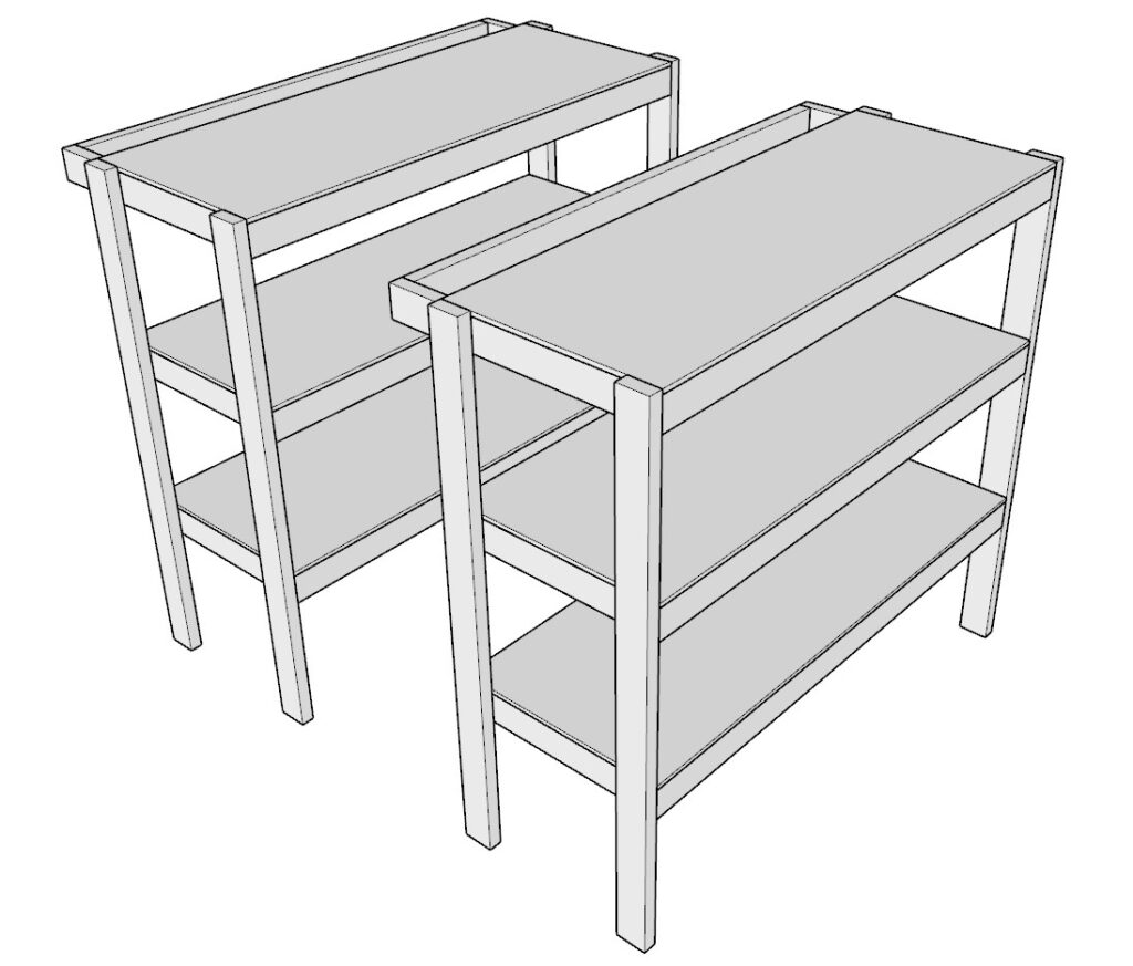 Two identical garage shelf units ready to be incorporated