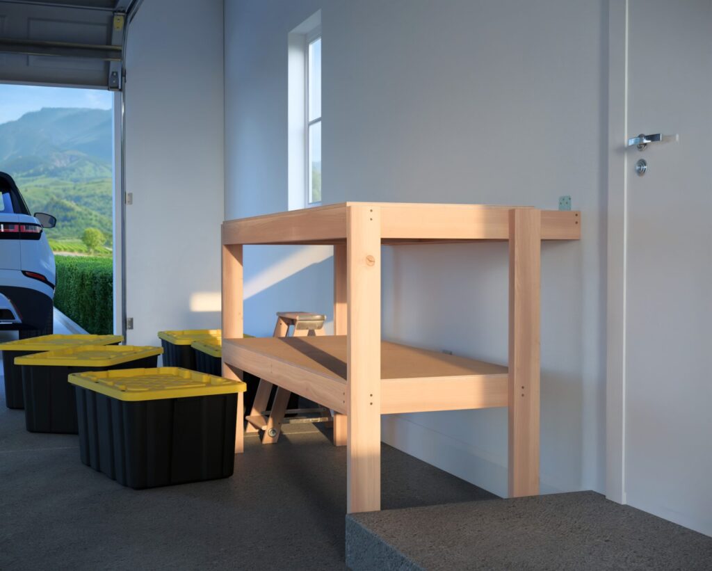 DIY garage shelving unit built with 2x4 lumber and plywood, designed to hold 27-gallon storage totes efficiently. The shelving features customizable configurations, making it a beginner-friendly and cost-effective storage solution for garages.