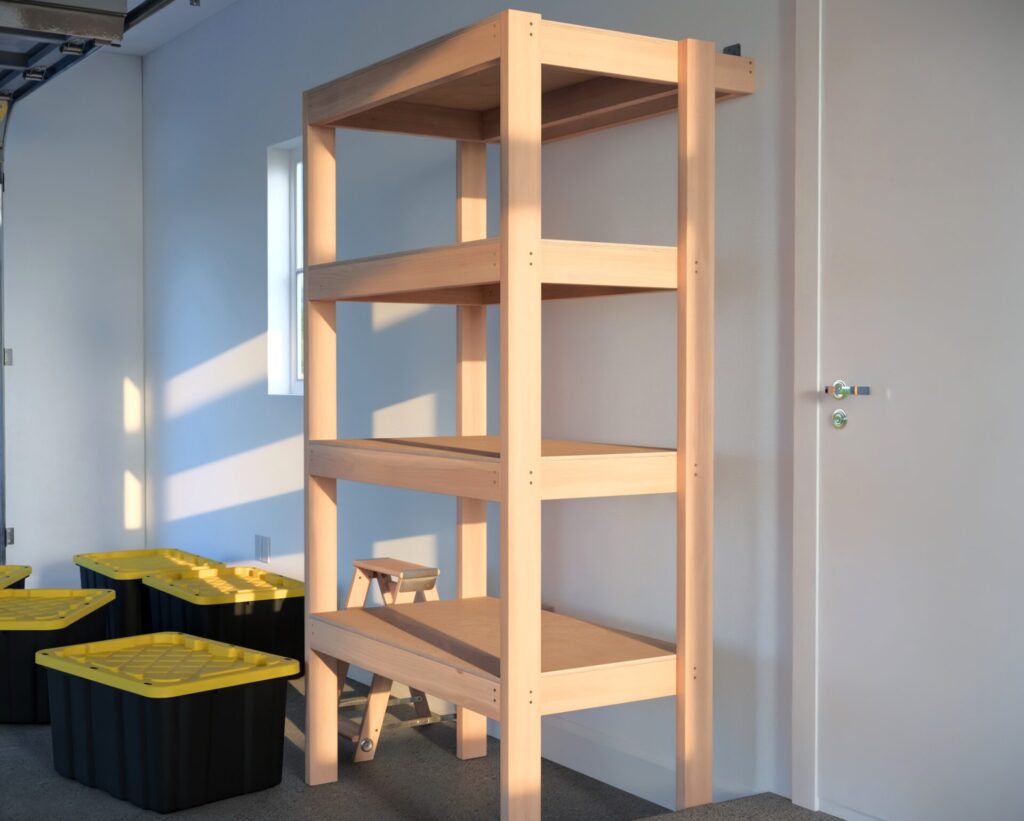 DIY garage shelving unit built with 2x4 lumber and plywood, designed to hold 27-gallon storage totes efficiently. The shelving features customizable configurations, making it a beginner-friendly and cost-effective storage solution for garages.