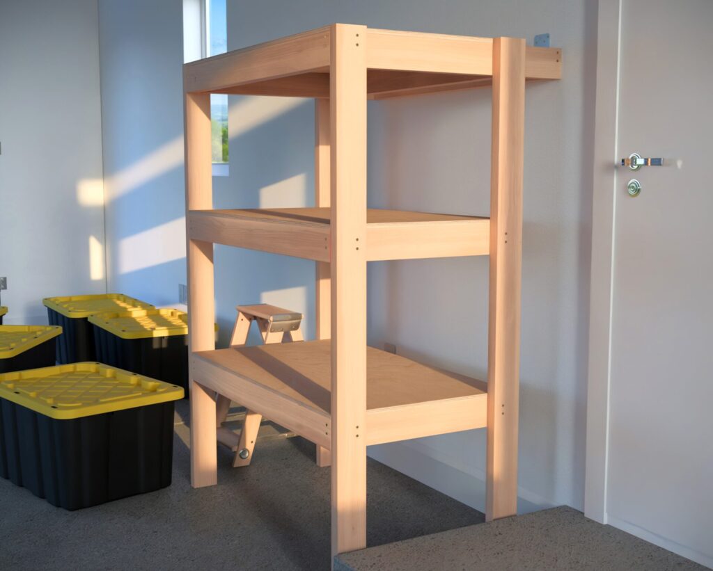 DIY garage shelving unit built with 2x4 lumber and plywood, designed to hold 27-gallon storage totes efficiently. The shelving features customizable configurations, making it a beginner-friendly and cost-effective storage solution for garages.