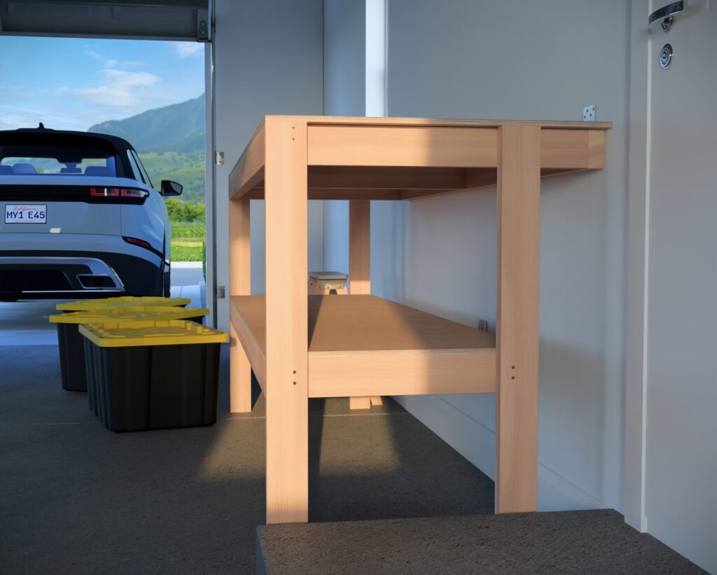 DIY garage shelving unit built with 2x4 lumber and plywood, designed to hold 27-gallon storage totes efficiently. The shelving features customizable configurations, making it a beginner-friendly and cost-effective storage solution for garages.