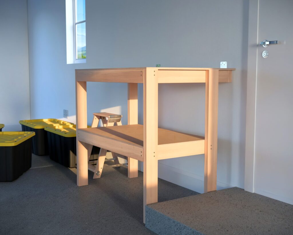 DIY garage shelving unit built with 2x4 lumber and plywood, designed to hold 27-gallon storage totes efficiently. The shelving features customizable configurations, making it a beginner-friendly and cost-effective storage solution for garages.