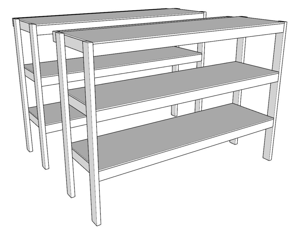 Two identical garage shelf units ready to be incorporated