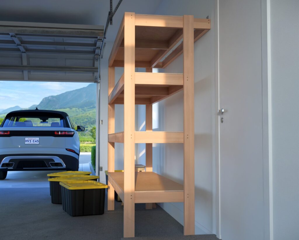 DIY garage shelving unit built with 2x4 lumber and plywood, designed to hold 27-gallon storage totes efficiently. The shelving features customizable configurations, making it a beginner-friendly and cost-effective storage solution for garages.