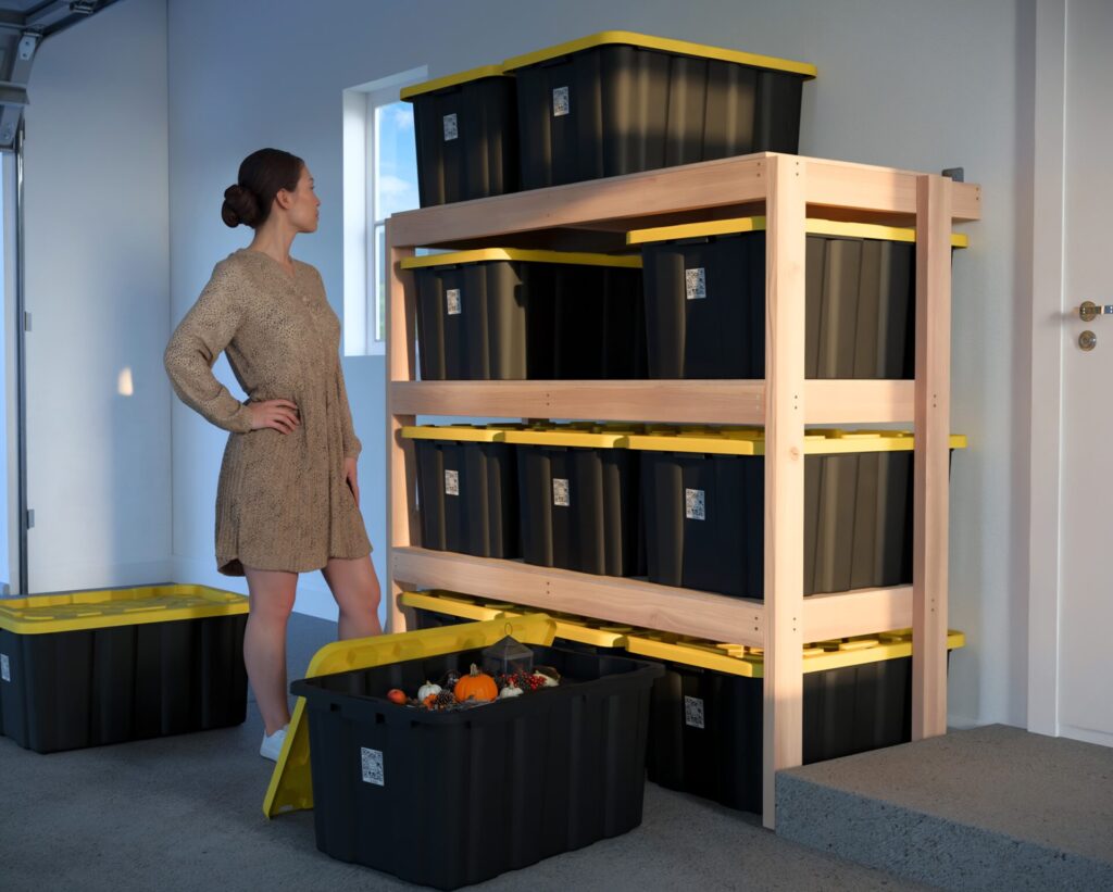 DIY garage shelving unit built with 2x4 lumber and plywood, designed to hold 27-gallon storage totes efficiently. The shelving features customizable configurations, making it a beginner-friendly and cost-effective storage solution for garages.