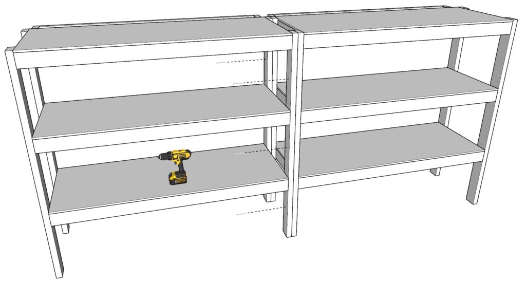 Securing the garage shelf units with screws