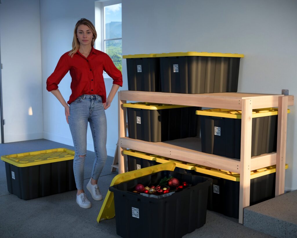 DIY garage shelving unit built with 2x4 lumber and plywood, designed to hold 27-gallon storage totes efficiently. The shelving features customizable configurations, making it a beginner-friendly and cost-effective storage solution for garages.