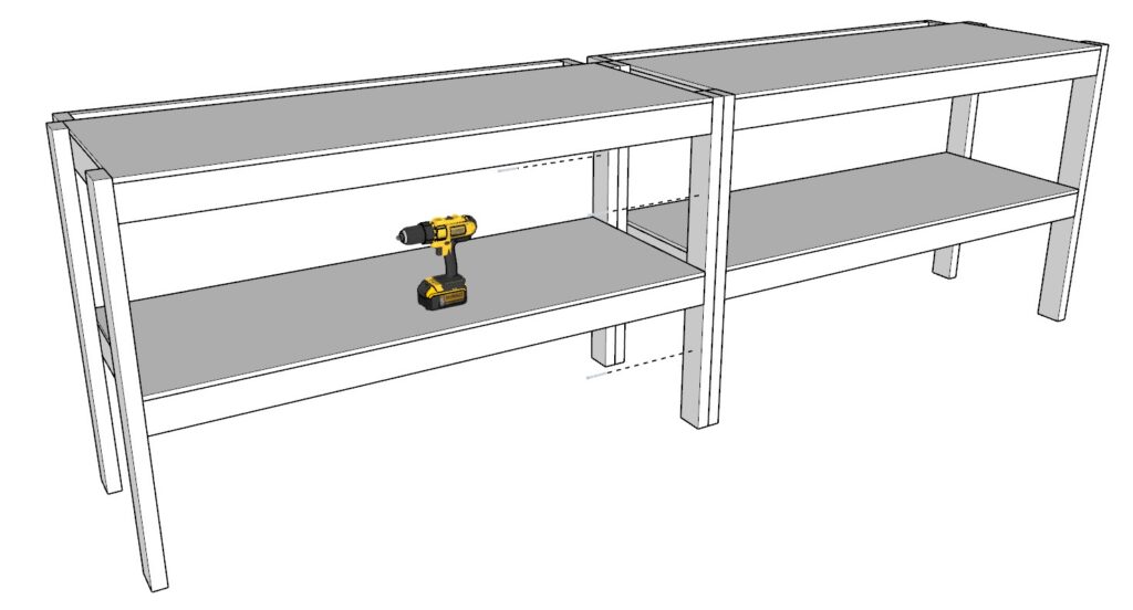 Securing the garage shelf units with screws