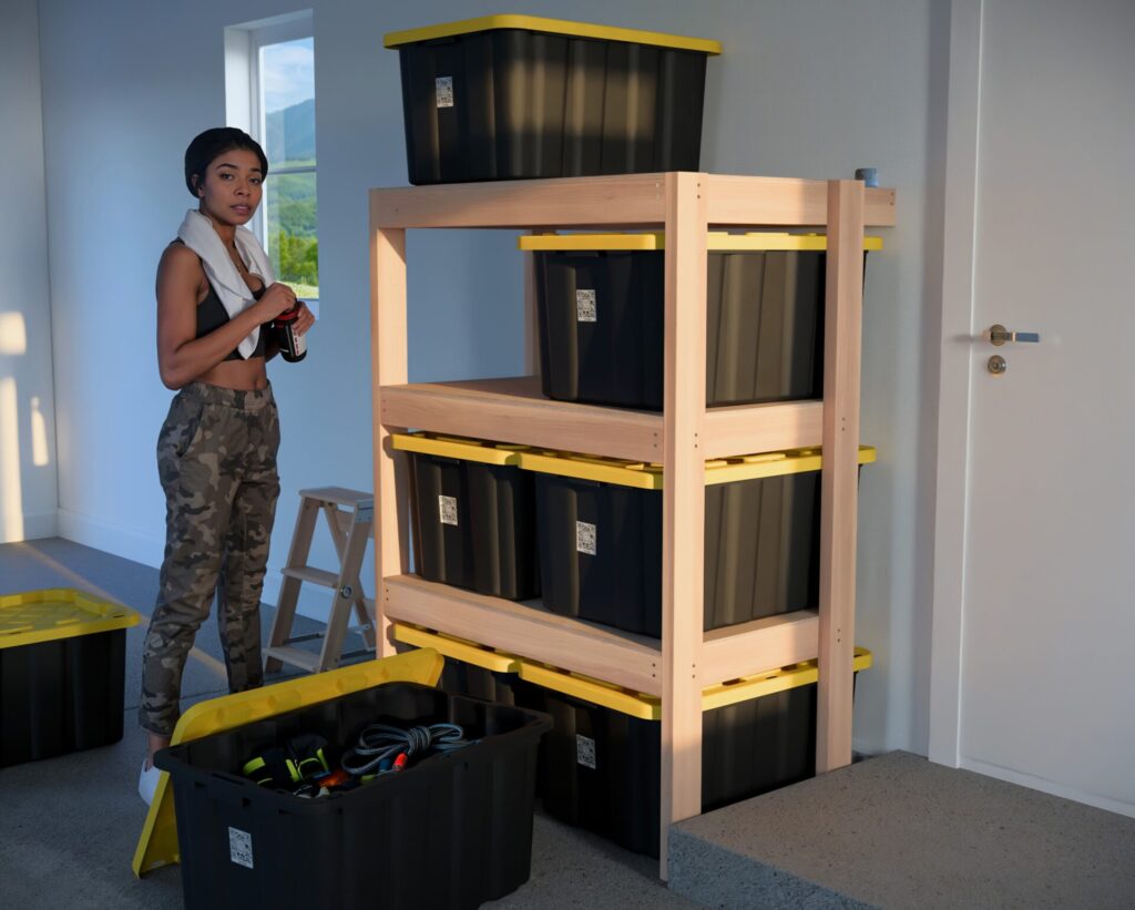 DIY garage shelving unit built with 2x4 lumber and plywood, designed to hold 27-gallon storage totes efficiently. The shelving features customizable configurations, making it a beginner-friendly and cost-effective storage solution for garages.