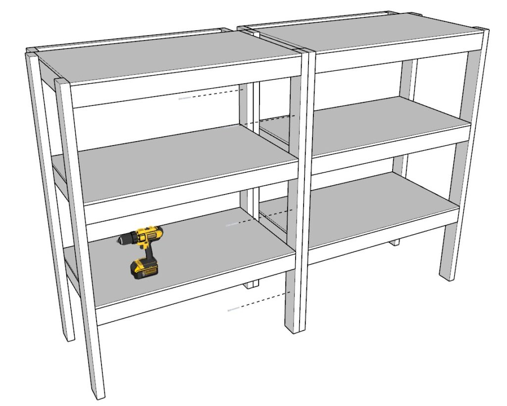 Securing the garage shelf units with screws