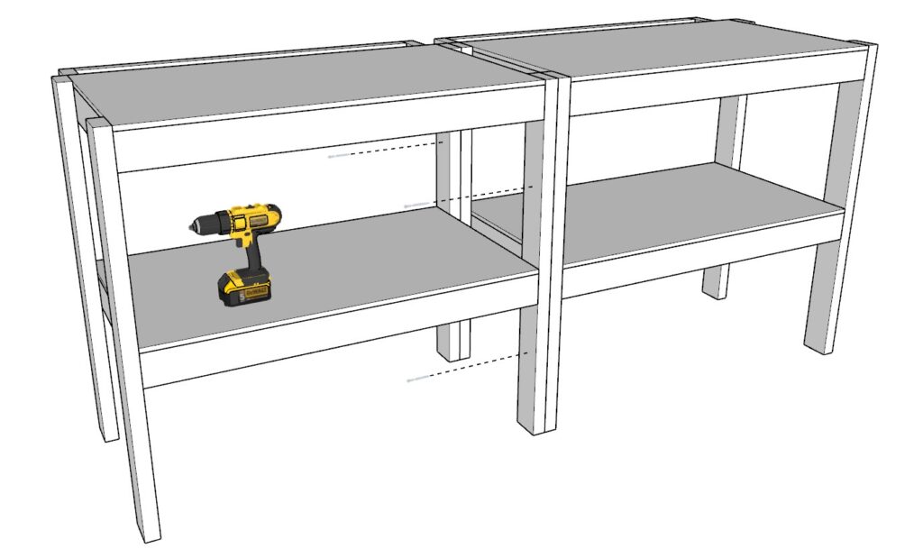 Securing the garage shelf units with screws