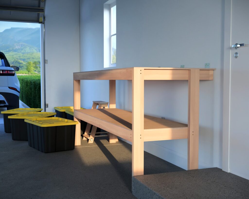 DIY garage shelving unit built with 2x4 lumber and plywood, designed to hold 27-gallon storage totes efficiently. The shelving features customizable configurations, making it a beginner-friendly and cost-effective storage solution for garages.