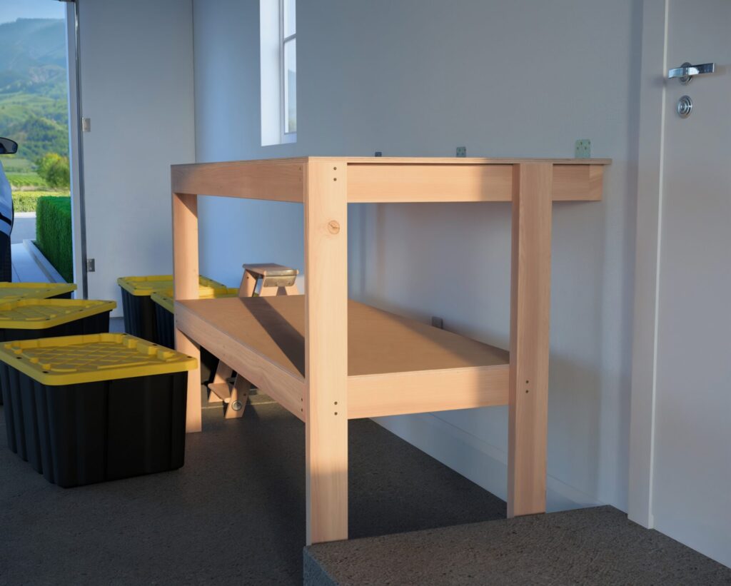 DIY garage shelving unit built with 2x4 lumber and plywood, designed to hold 27-gallon storage totes efficiently. The shelving features customizable configurations, making it a beginner-friendly and cost-effective storage solution for garages.