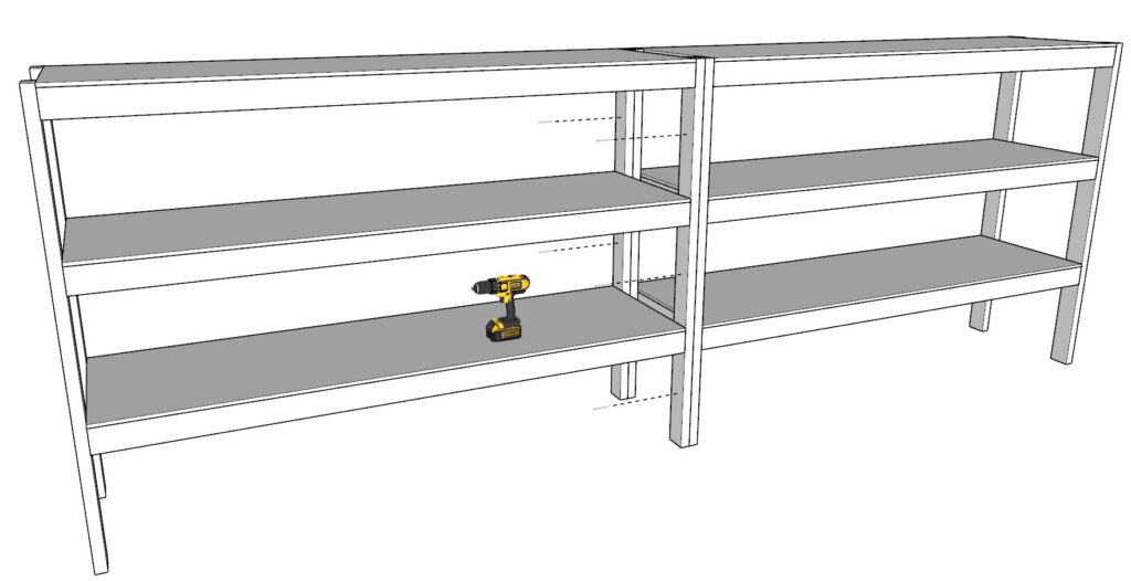 Securing the garage shelf units with screws