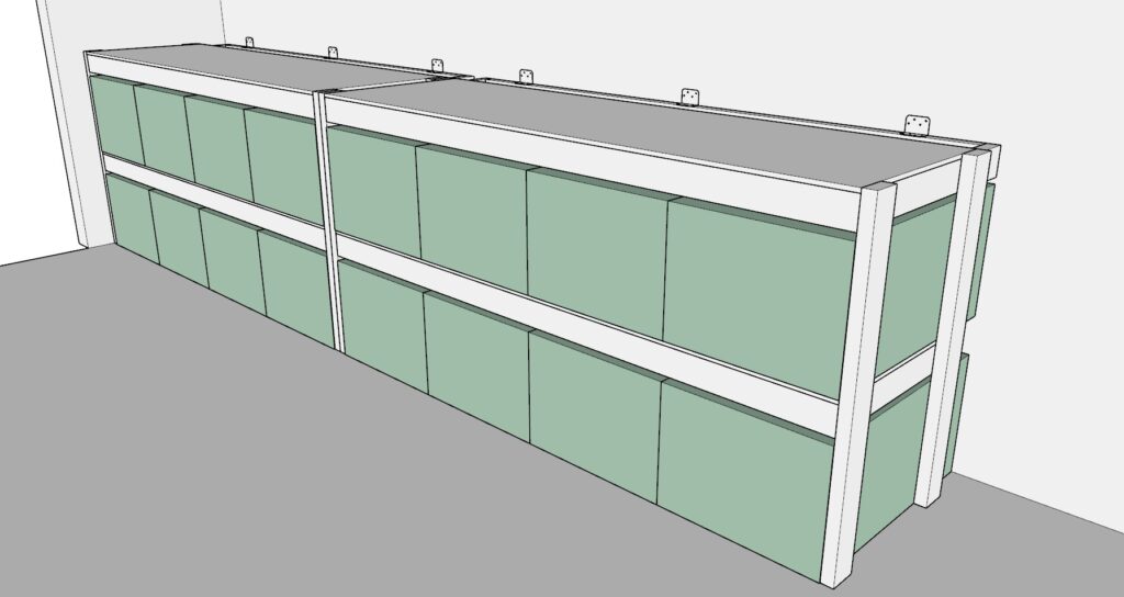 incorporating the garage shelves and securing them to the wall of the garage with a L shaped bracket