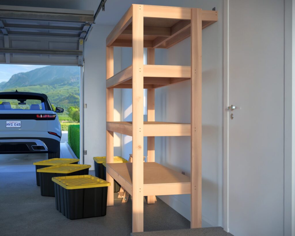 DIY garage shelving unit built with 2x4 lumber and plywood, designed to hold 27-gallon storage totes efficiently. The shelving features customizable configurations, making it a beginner-friendly and cost-effective storage solution for garages.