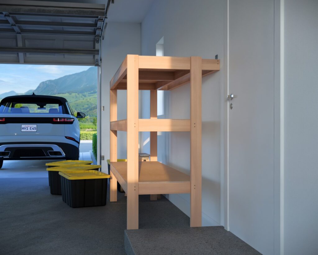 DIY garage shelving unit built with 2x4 lumber and plywood, designed to hold 27-gallon storage totes efficiently. The shelving features customizable configurations, making it a beginner-friendly and cost-effective storage solution for garages.