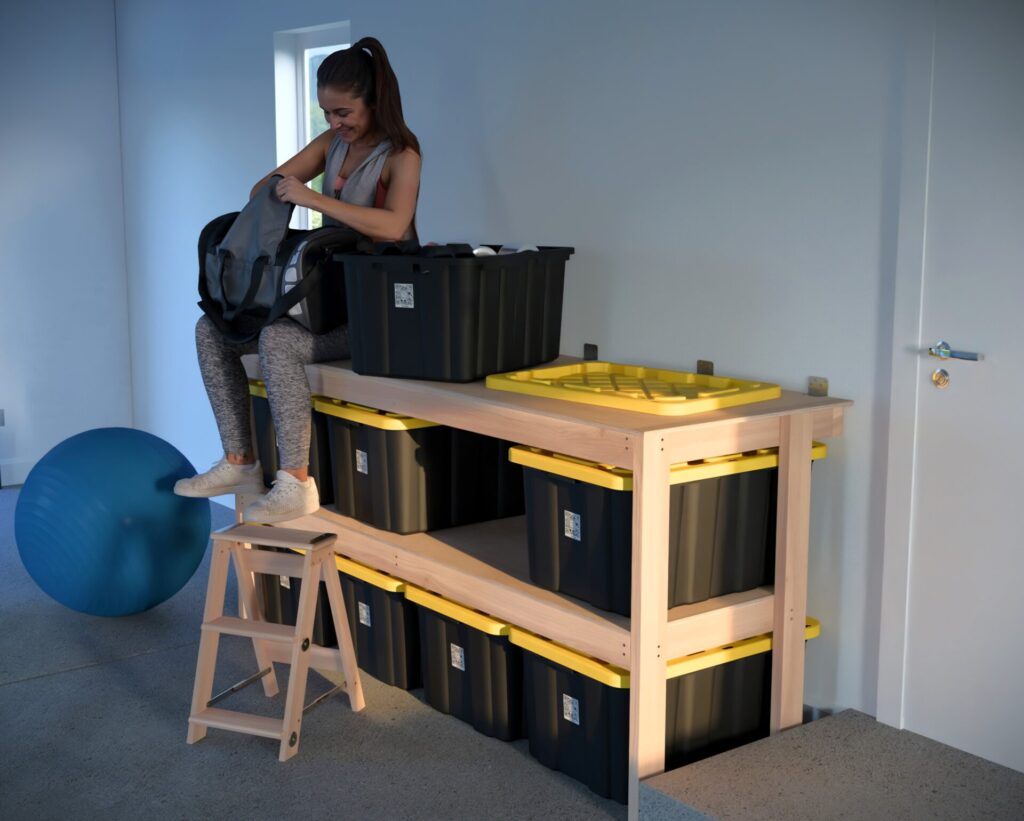 DIY garage shelving unit built with 2x4 lumber and plywood, designed to hold 27-gallon storage totes efficiently. The shelving features customizable configurations, making it a beginner-friendly and cost-effective storage solution for garages.