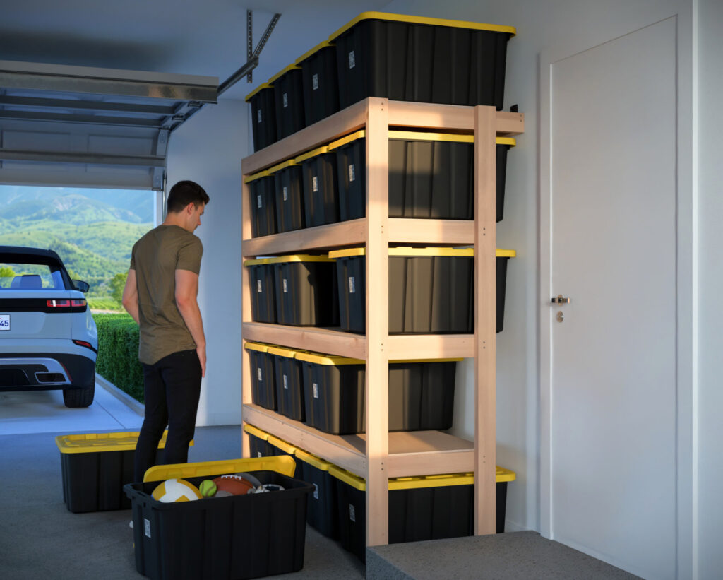 DIY garage shelving unit built with 2x4 lumber and plywood, designed to hold 27-gallon storage totes efficiently. The shelving features customizable configurations, making it a beginner-friendly and cost-effective storage solution for garages.