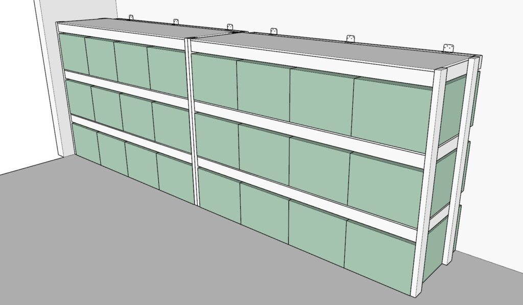 incorporating the garage shelves and securing them to the wall of the garage with a L shaped bracket