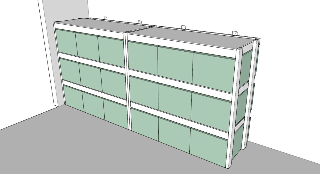 incorporating the garage shelves and securing them to the wall of the garage with a L shaped bracket