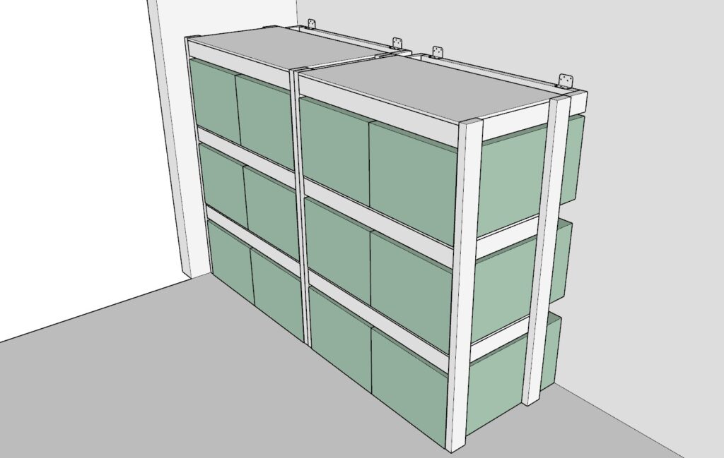 incorporating the garage shelves and securing them to the wall of the garage with a L shaped bracket