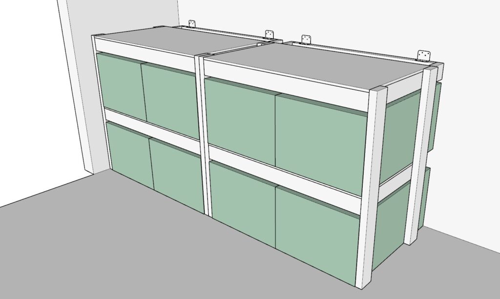 incorporating the garage shelves and securing them to the wall of the garage with a L shaped bracket