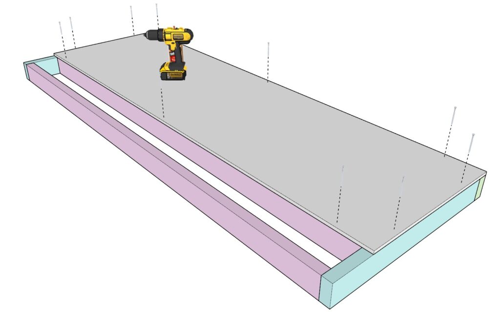 Securing the garage shelf plywood with glue and wood screws