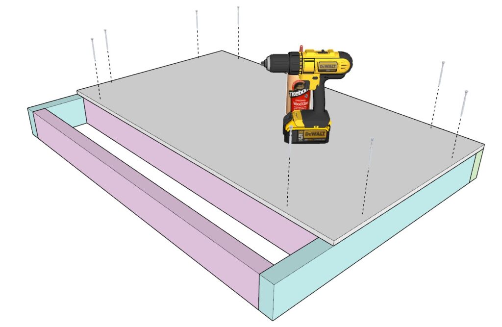 Securing the garage shelf plywood with glue and wood screws